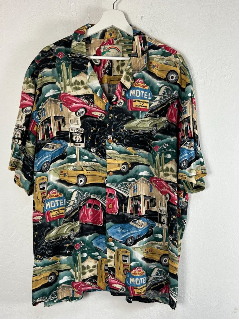 Vintage Paradise Found Mens Hawaiian Shirt Route 66 Corvette Short Sleeve Retro